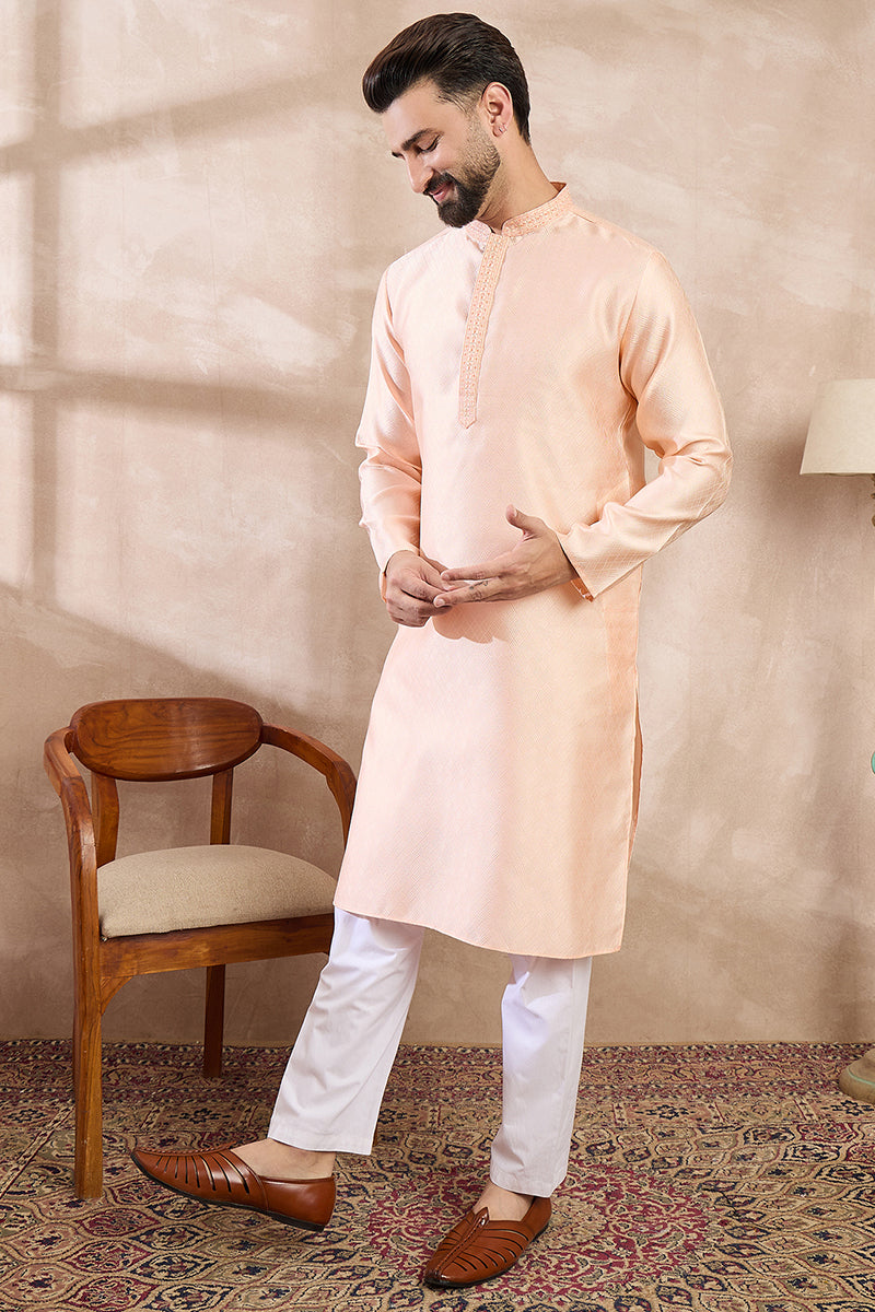 Peach Silk Blend Solid Embroidered Straight Kurta With Trouser MKSET1739
