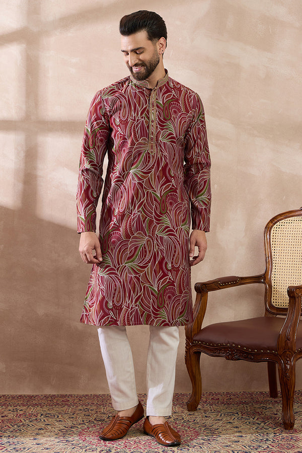 Red Silk Blend Printed Mandarin Collar Straight Kurta MKU1959