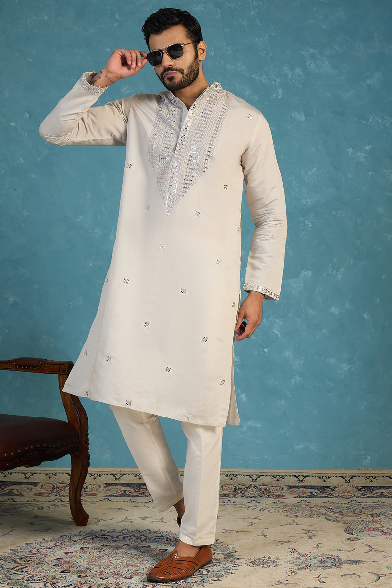 Grey Silk Blend Solid Emboidered Sequins Kurta MKU2280