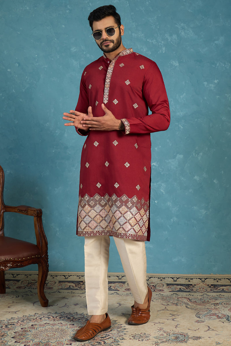 Silk Blend Maroon Solid Embroidered Calf Length Straight Kurta With Trousers MKSET2100