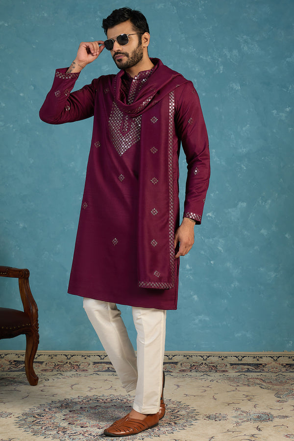 Purple Silk Blend Ethnic Motifs Embroidered Kurta With Dupatta MKUD1076