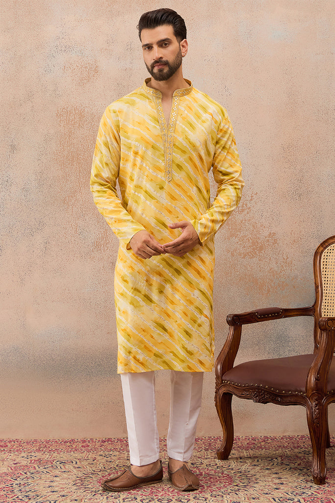 Yellow Viscose Rayon Leheriya Printed Kurta MKU2756