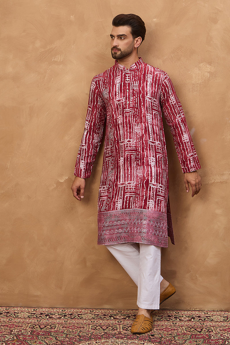 Red Viscose Rayon Batik Embroidered Straight Kurta MKU1499