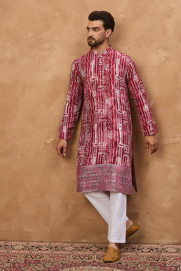 Red Viscose Rayon Batik Embroidered Straight Kurta MKU1499