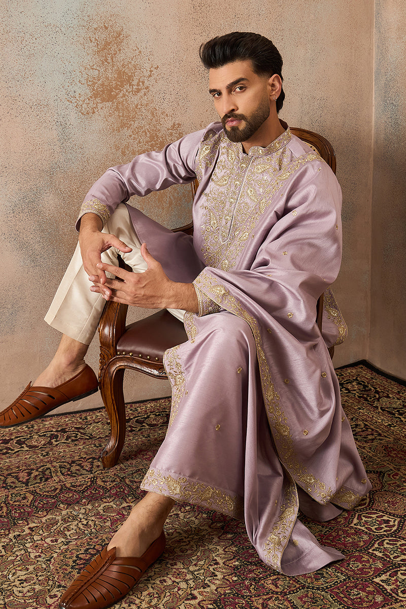 Lavender Zari Embroidered Silk Blend Kurta with Dupatta MKUD1047