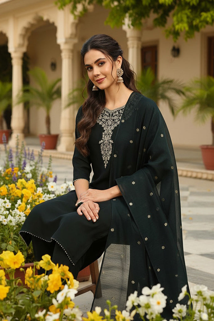 Green Chanderi Silk Solid Embroidered Straight Trousers Suit Set PKSKD2715