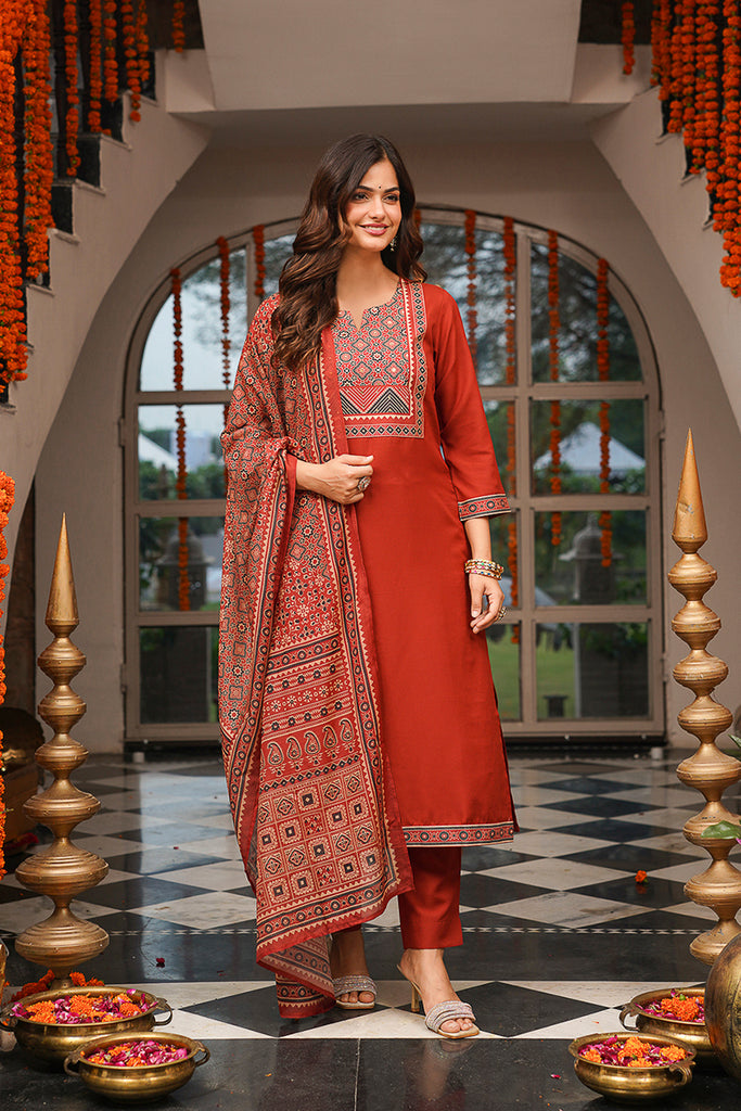 Brown Cotton Blend Ajrakh Printed Straight Kurta Trousers With Dupatta PKSKD3083