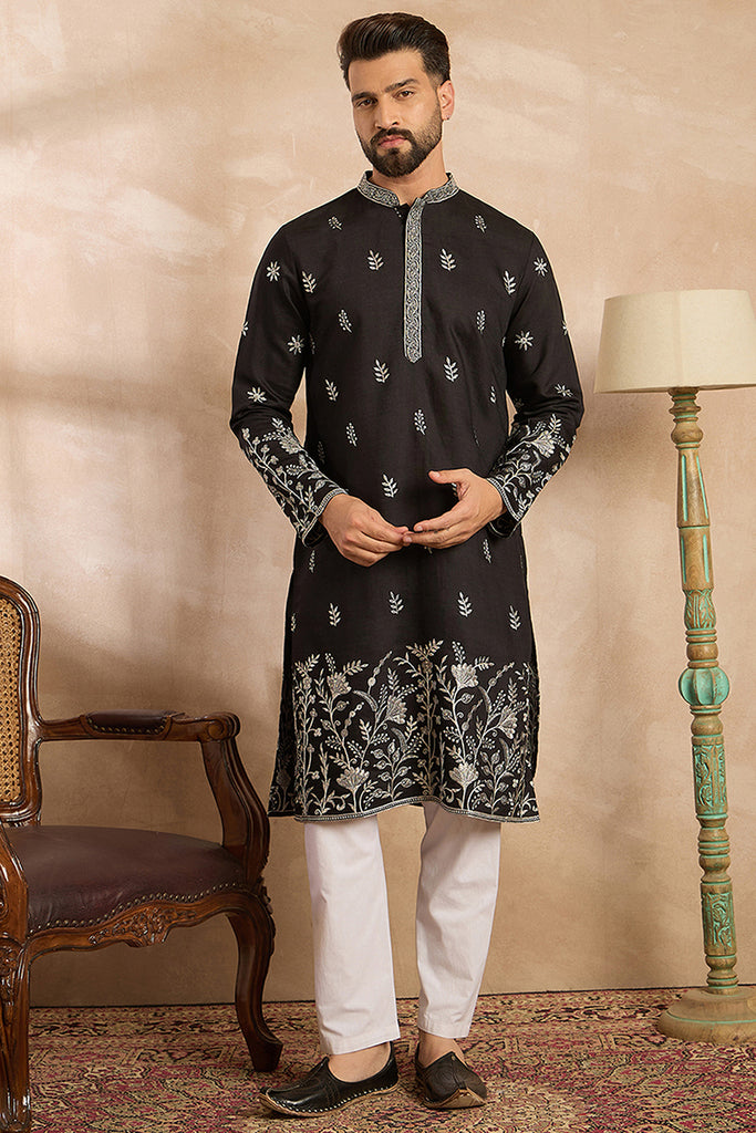 Black Silk Blend Solid Embroidered Straight Kurta With Trouser MKSET1782