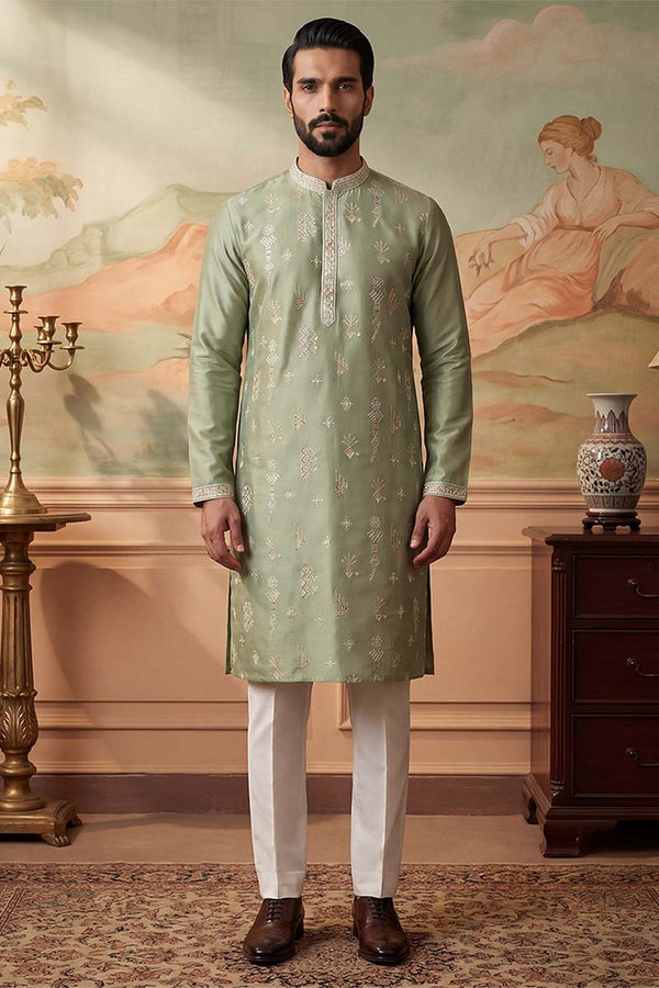 Green Silk Blend Solid Embroidered Kurta MKU2153