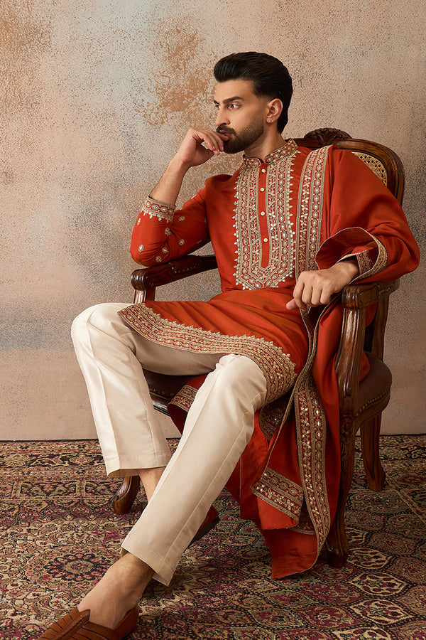 Orange Silk Blend Solid Embroidered Kurta And Trouser With Dupatta MKPD1028