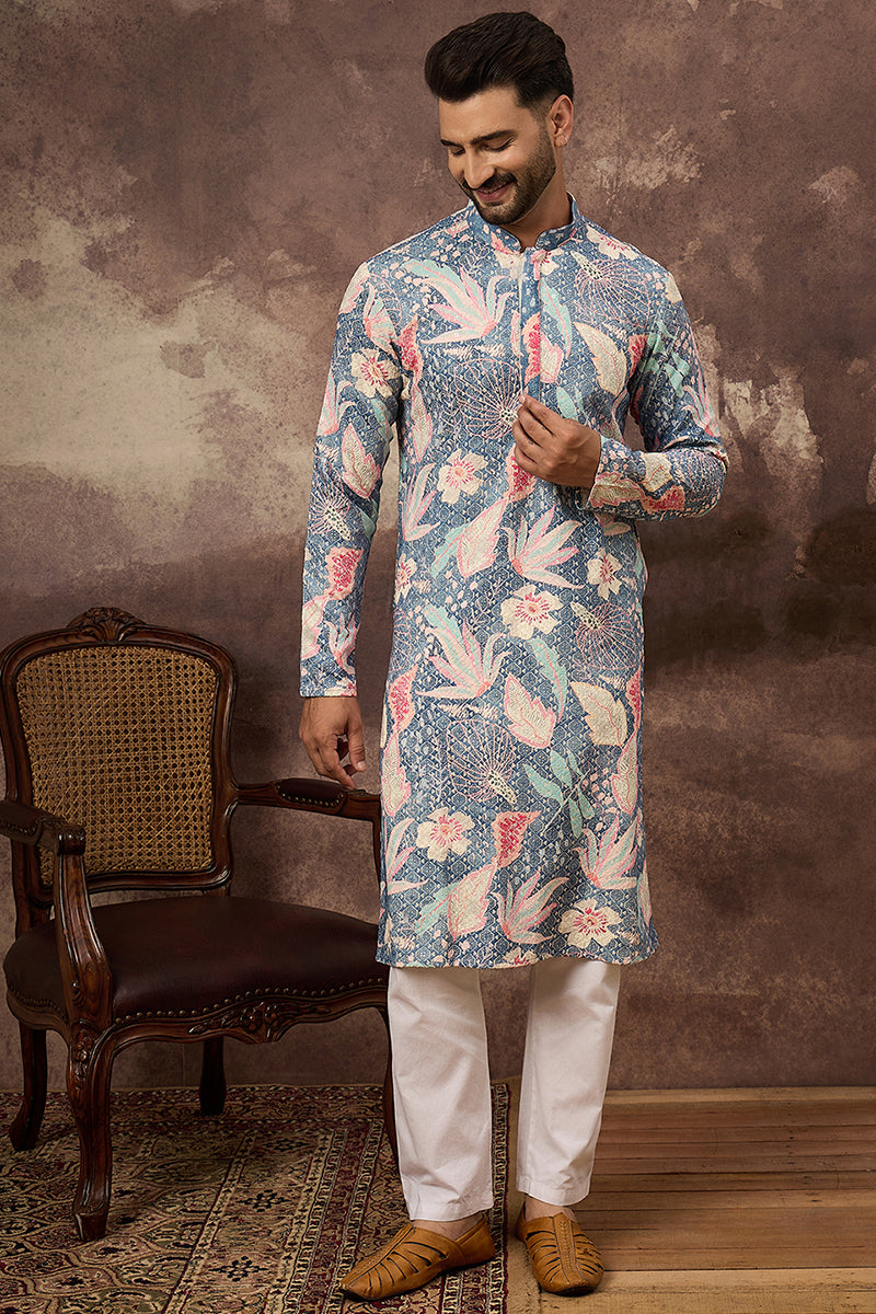 Blue Viscose Rayon Floral Embroidered Straight Kurta with Trouser MKSET1429