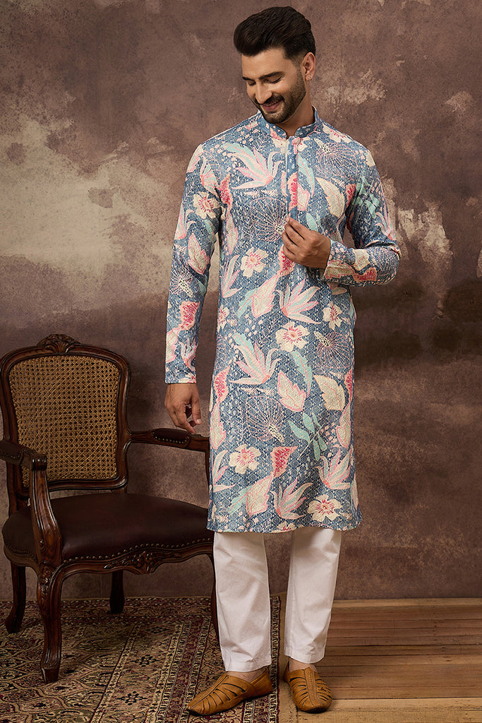 Blue Viscose Rayon Floral Embroidered Straight Kurta with Trouser MKSET1429