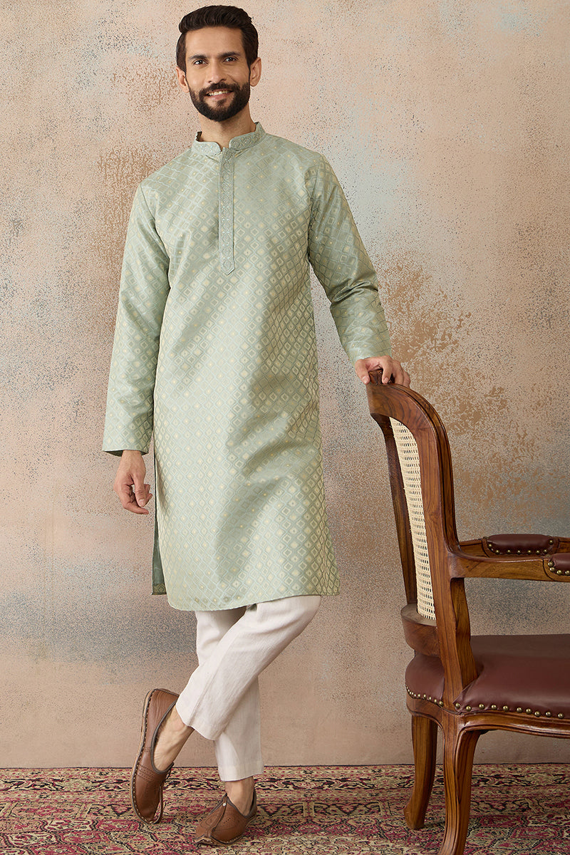 Teal Jacquard Ethnic Motifs Embroidered Kurta MKU2240