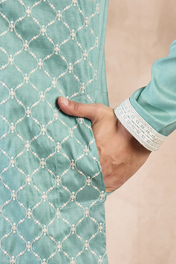Teal Silk Blend Geometric Embroidered Straight Kurta MKU1693