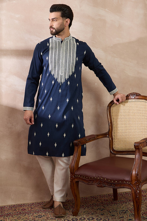 Navy Blue Silk Blend Embroidered Mandarin Collar Straight Kurta With Trouser MKSET1795
