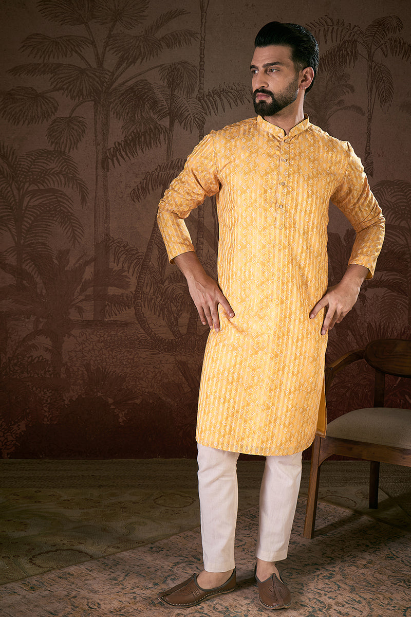 Yellow Silk Blend Ethnic Motifs Printed Straight Kurta With Trouser MKSET1949