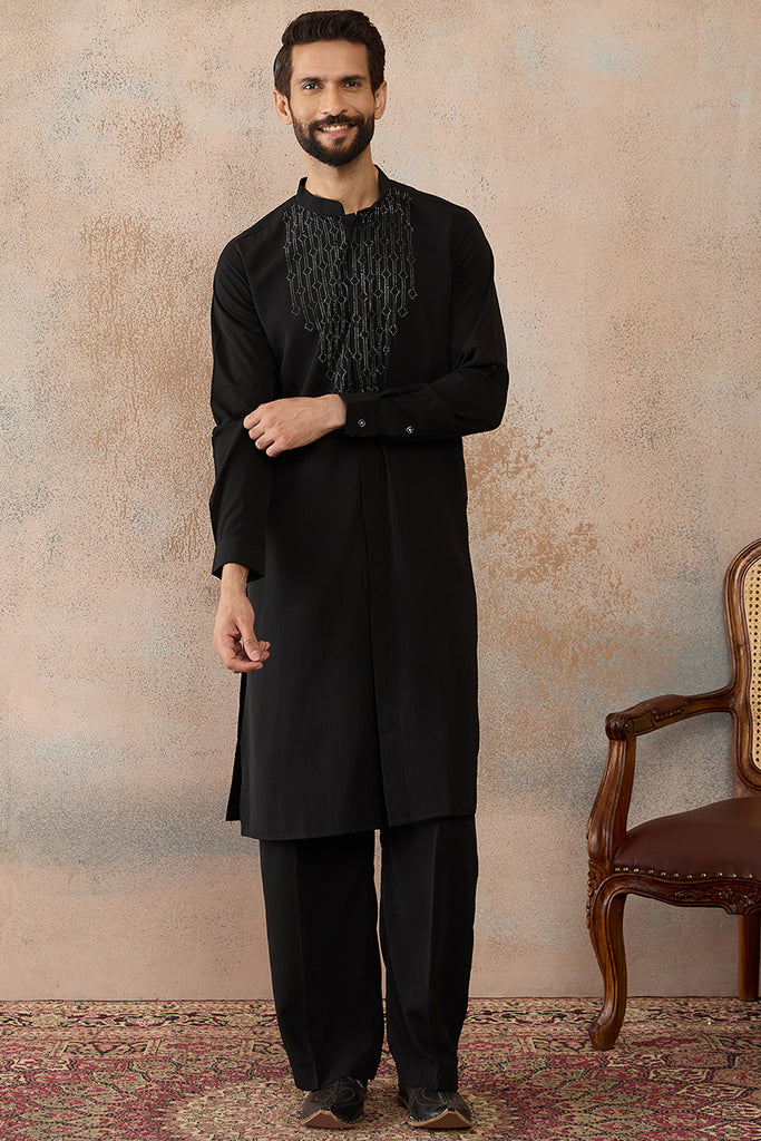 Black Silk Blend Ethnic Motifs Printed Kurta With Trouser MKSET2392