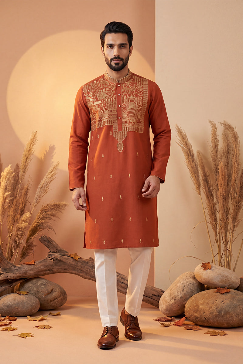 Orange Silk Blend Solid Emboidered Straight Kurta With Trouser MKSET2372