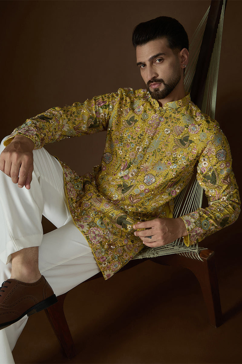 Yellow Georgette Solid Embroidered Kurta MKU2714