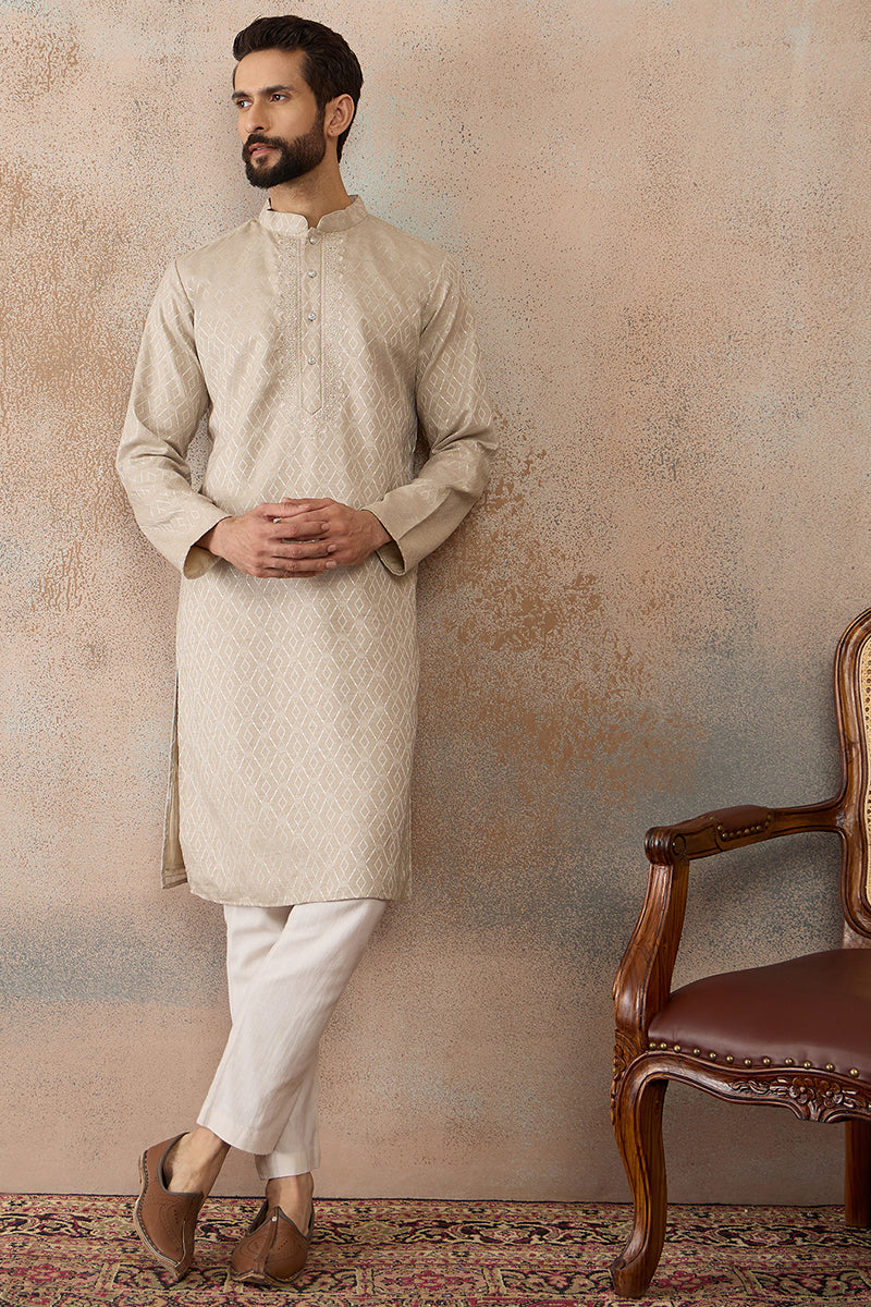 Beige Linen Blend Geometric Woven Design Kurta MKU2364