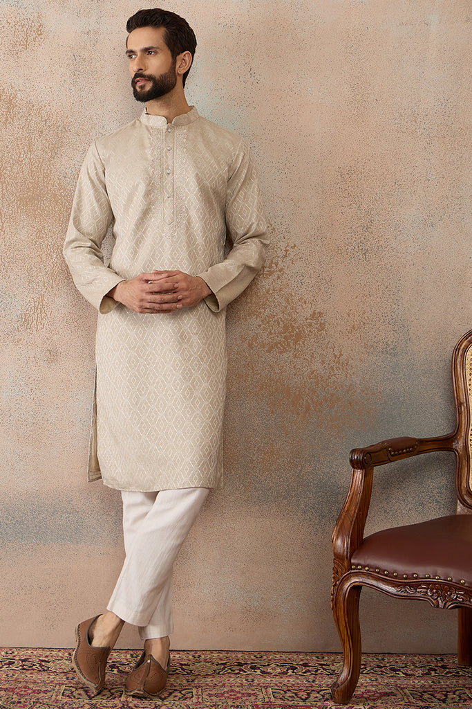 Beige Linen Blend Geometric Woven Design Kurta MKU2364