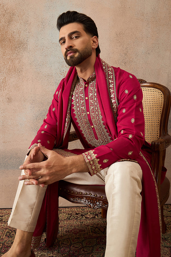 Pink Silk Blend Solid Embroidered Kurta With Dupatta MKUD1030