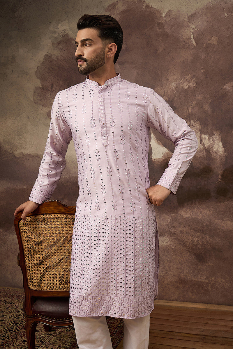 Lavender Silk Blend Solid Embroidered Straight Kurta With Pant Set MKSET1359