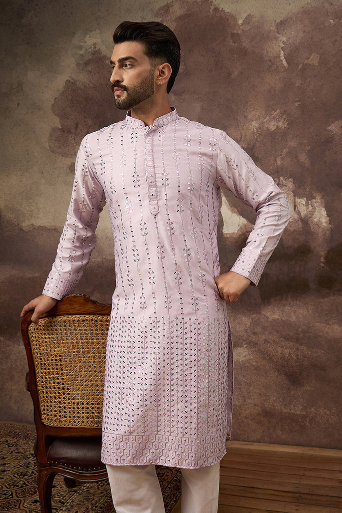 Lavender Silk Blend Solid Embroidered Straight Kurta With Pant Set MKSET1359