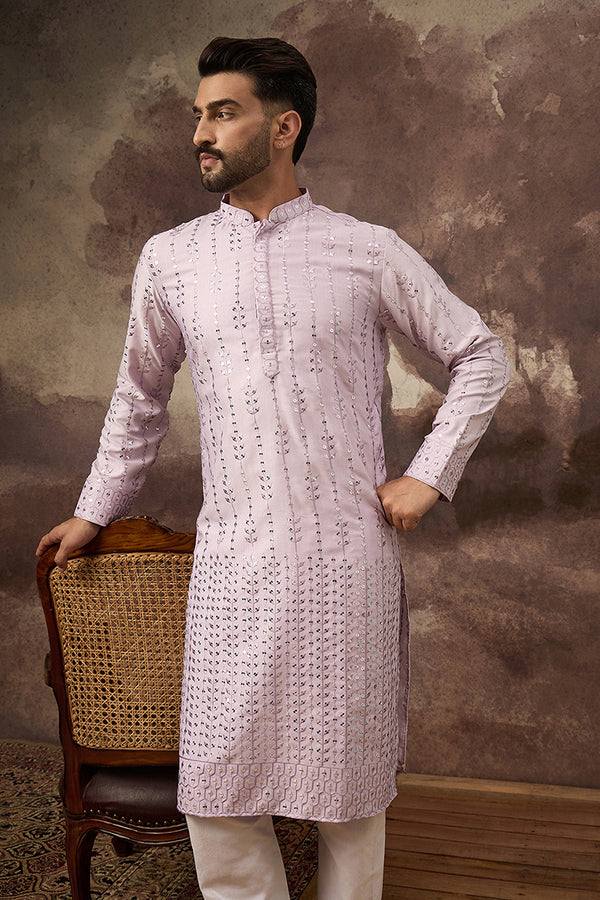 Lavender Silk Blend Solid Embroidered Straight Kurta With Pant Set MKSET1359