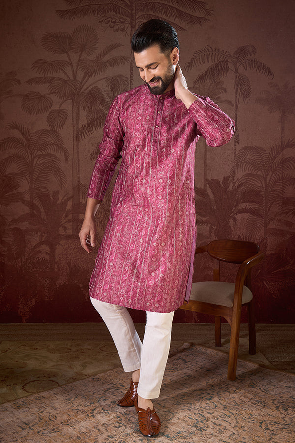 Maroon Silk Blend Ethnic Motifs Printed Straight Kurta With Trouser MKSET1928