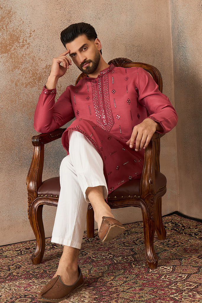 Rose Silk Blend Solid Embroidered Sequins Kurta MKU2259