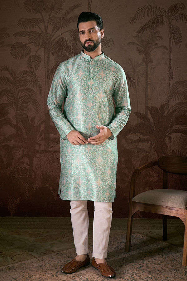 Turquoise Blue Silk Blend Abstract Printed Straight Kurta MKU1967
