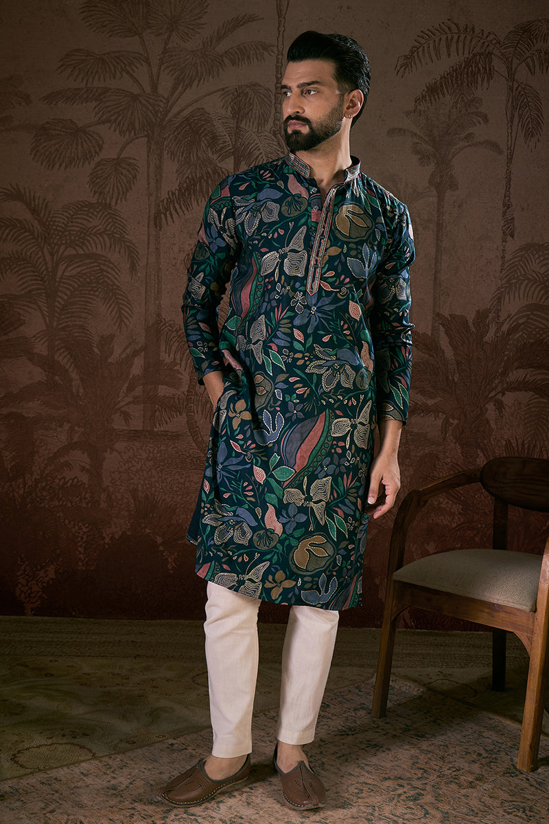 Blue Silk Blend Floral Printed Straight Kurta MKU1962