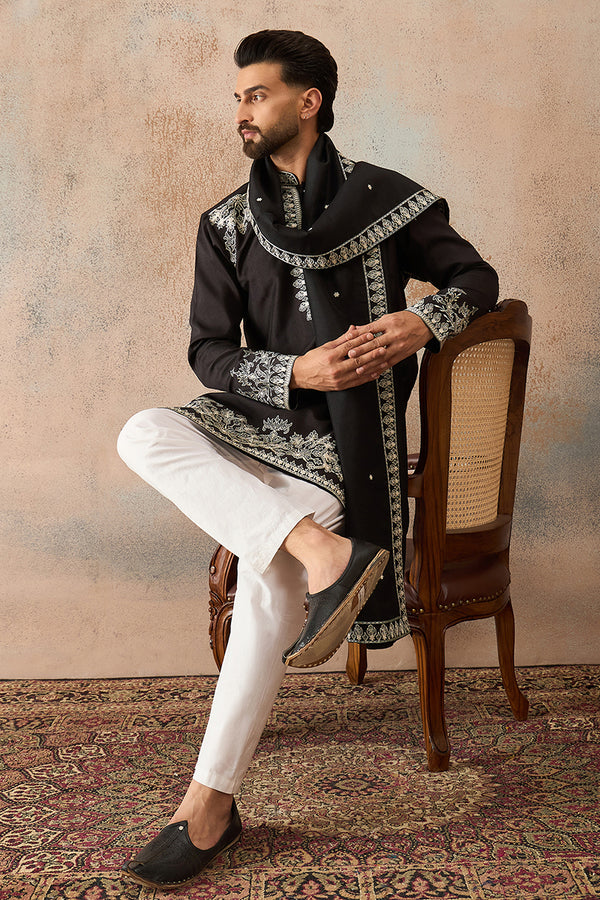 Black Silk Blend Solid Embroidered Kurta & Trouser With Dupatta MKPD1012
