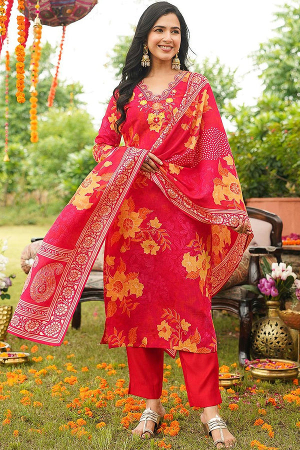 Red Rayon Blend Floral Straight Kurta Trousers With Dupatta PKSKD3051