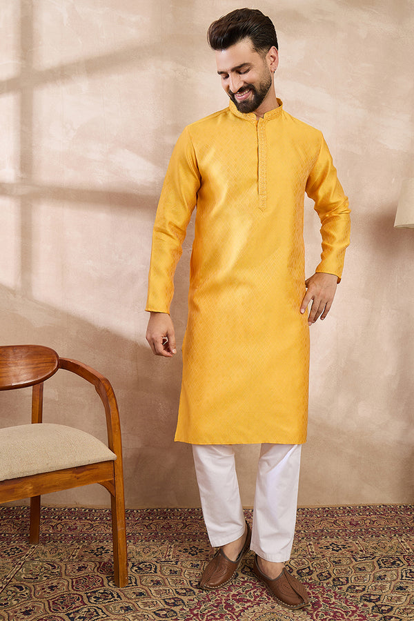 Yellow Silk Blend Solid Embroidered Straight Kurta MKU1737