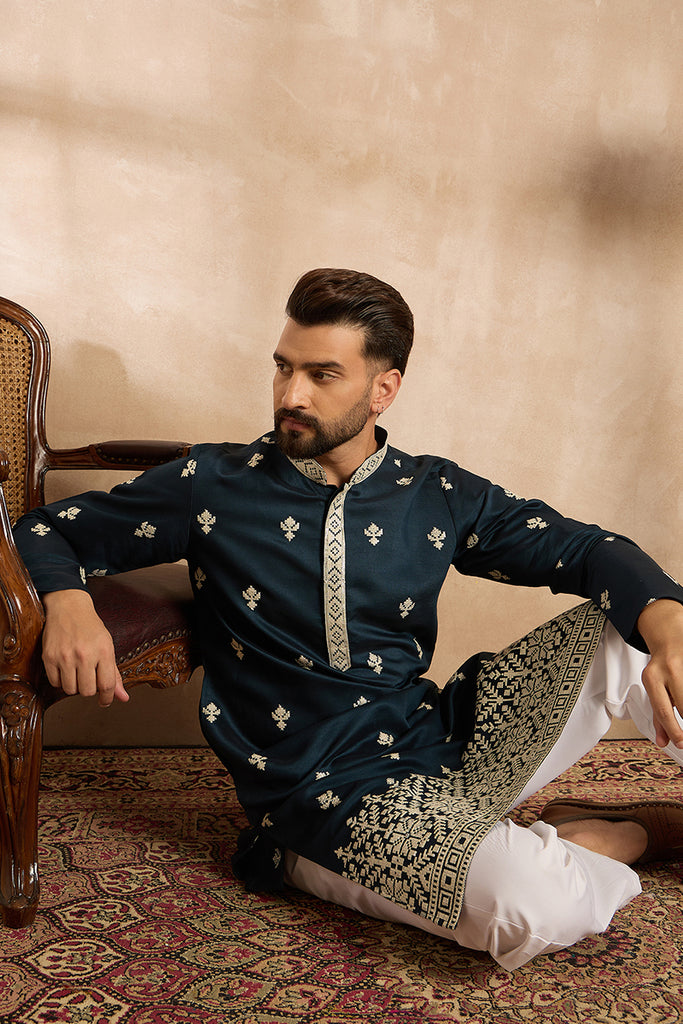 Navy Blue Polyester Solid Embroidered Straight Kurta With Trouser MKSET1810