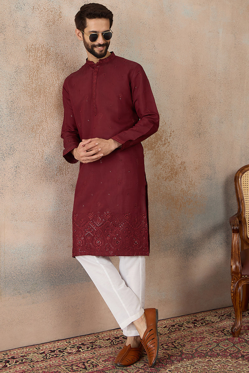 Maroon Silk Blend Solid Emboidered Straight Kurta With Trouser MKSET2289