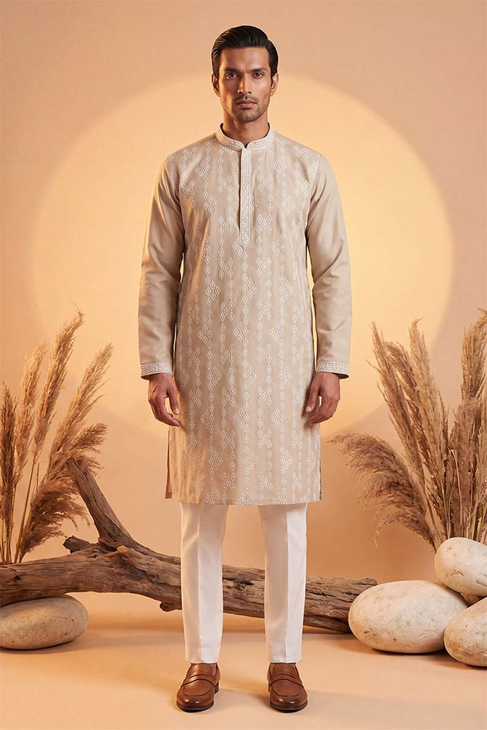Beige Silk Blend Solid Embroidered Kurta With Trousers MKSET2089