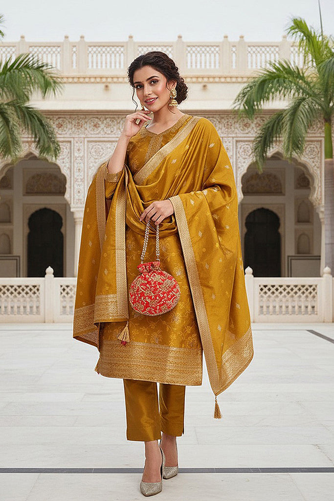 Mustard Silk Blend Ethnic Motifs Woven Design Straight Suit Set PKSKD2406