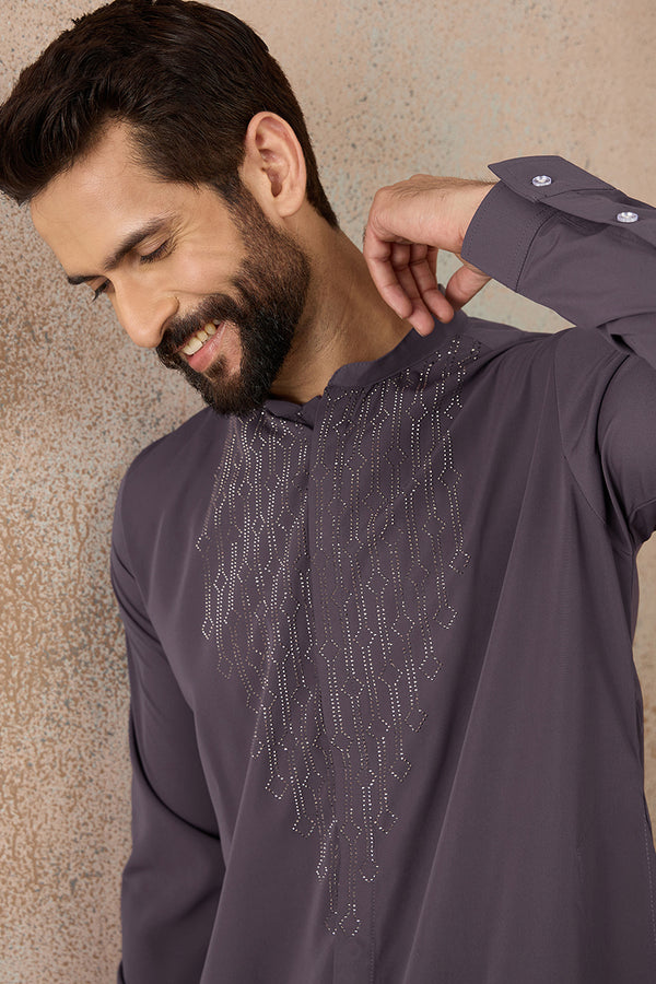 Grey Silk Blend Ethnic Motifs Printed Kurta With Trouser MKSET2393