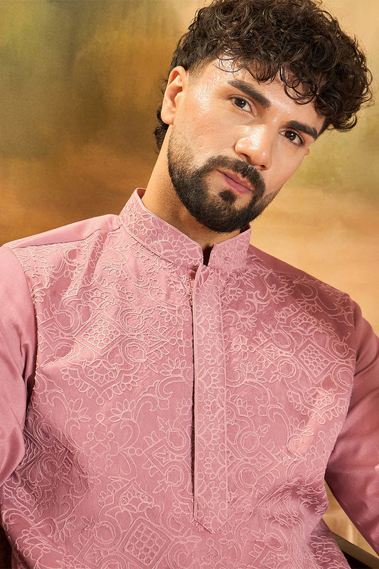 Mauve Silk Blend Solid Embroidered Straight Kurta MKU1496