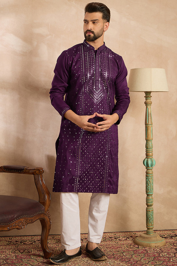 Purple Silk Blend Geometric Embroidered Straight Kurta With Trouser MKSET1687