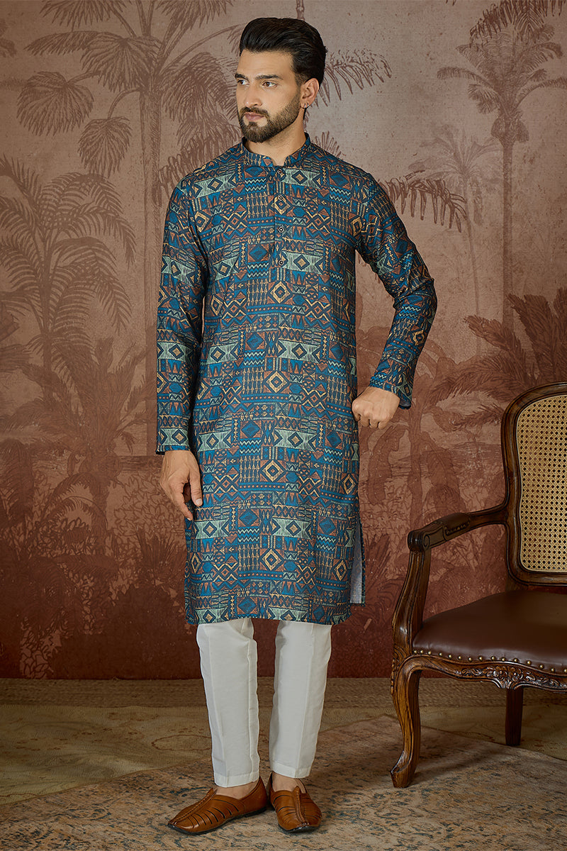 Multi Linen Geometric Printed Kurta With Trouser MKSET2435