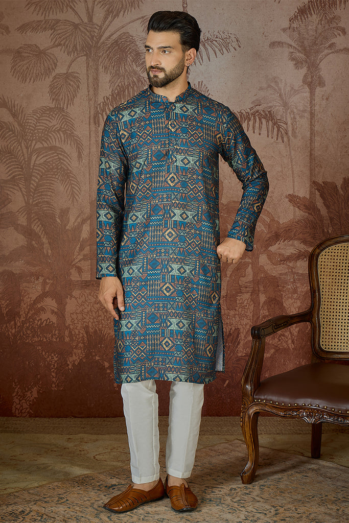 Multi Linen Geometric Printed Kurta With Trouser MKSET2435
