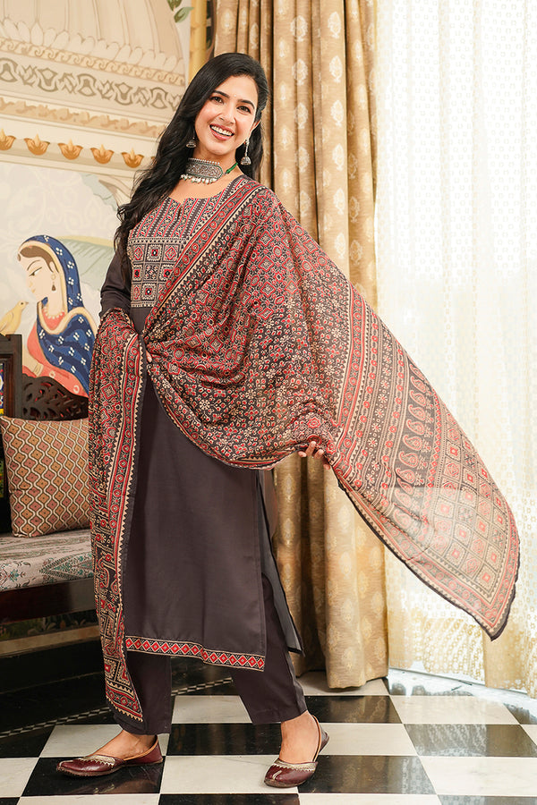 Grey Cotton Blend Ajrakh Printed Straight Kurta Trousers With Dupatta PKSKD3065