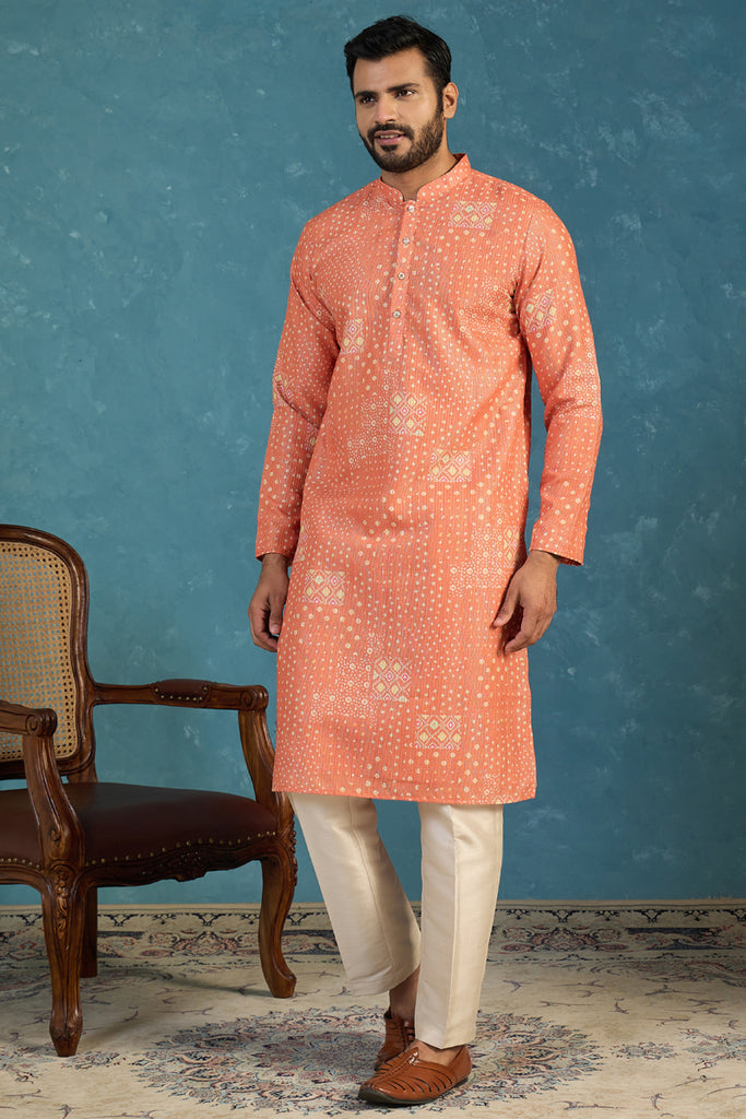 Orange Linen Blend Bandhani Printed Kurta MKU2638