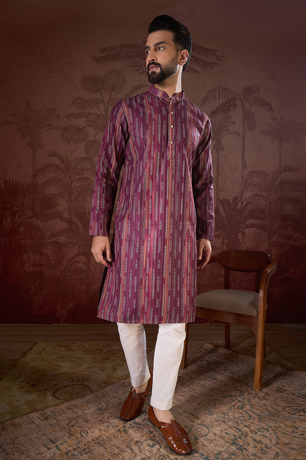 Purple Silk Blend Striped Printed Straight Kurta MKU1905