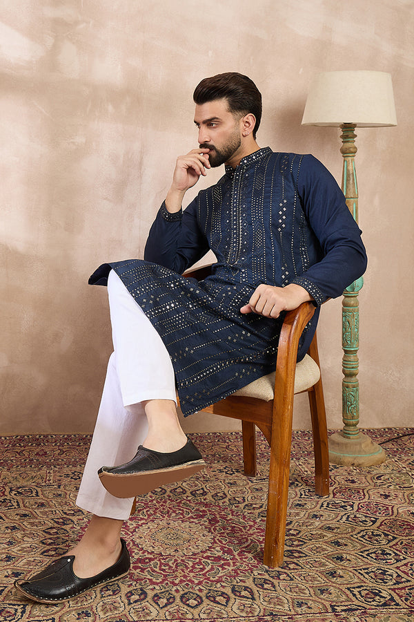 Blue Silk Blend Geometric Embroidered Straight Kurta With Trouser MKSET1890