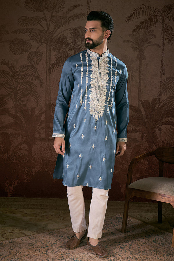 Blue Silk Blend Solid Embroidered Straight Kurta With Trouser MKSET1881